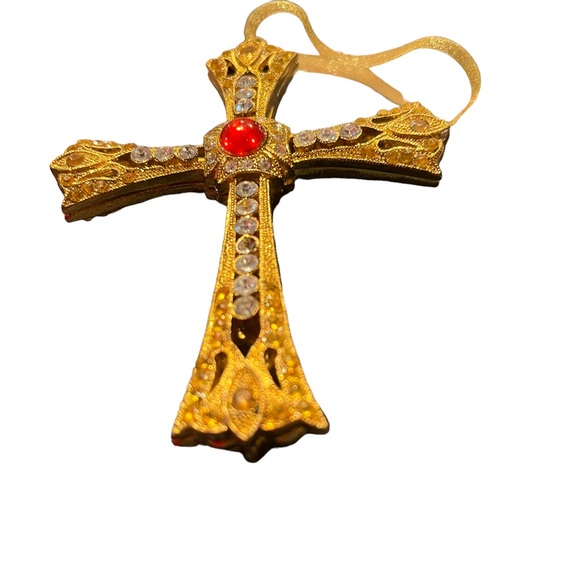 Christmas Rhinestone Ornament, Ornate Gold Metal Jeweled Religious Cross - Picture 2 of 4